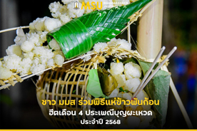 ชาว มมส ร่วมพิธีแห่ข้าวพันก้อน ฮีตเดือน 4 ประเพณีบุญผะเหวด ประจำปี 2568 (MSU community participates in the Khao Pan Kon procession as part of the Boon Month 4,Boon Pha Wet Festival 2025.)